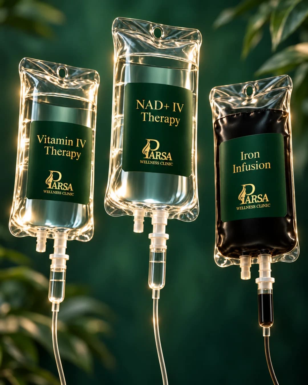 Three IV infusion bags labelled vitamin therapy, NAD+ therapy and iron infusion